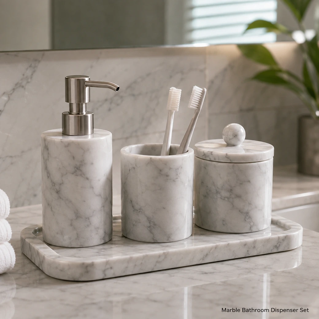 Polished Carrara marble bathroom dispenser set with soap pump, toothbrush cup, storage jar and matching tray.