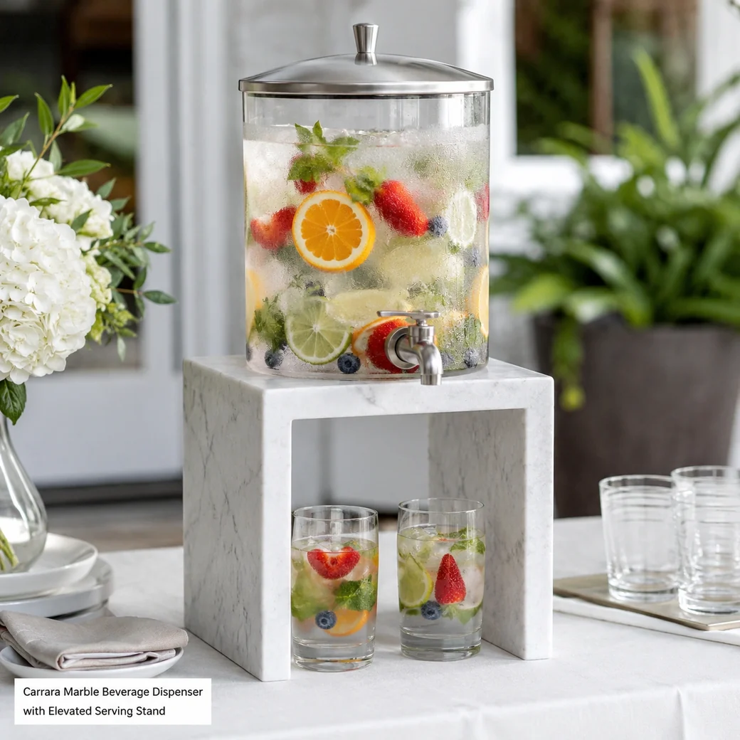 Honed Carrara marble beverage stand supporting a clear drink vessel with stainless spigot and glasses.