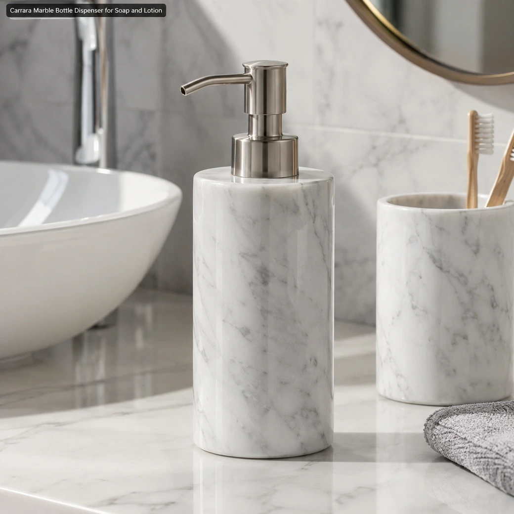 Mirror-polished Carrara marble bottle dispenser with removable soap or lotion reservoir and pump.