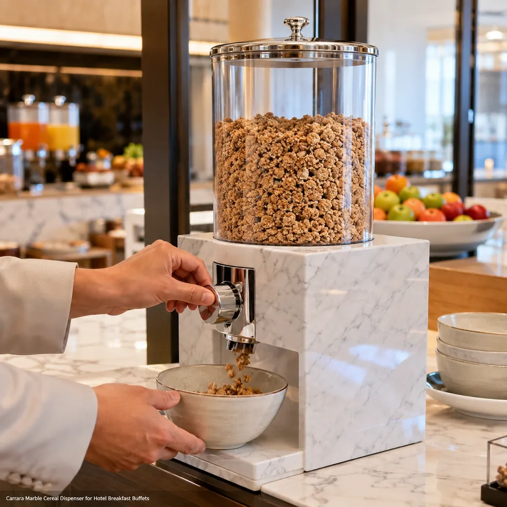 High-gloss Carrara marble cereal dispenser with airtight clear hopper releasing granola into a bowl.