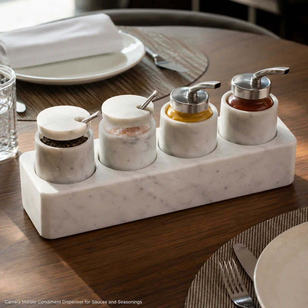 Honed Carrara marble condiment dispenser holding removable jars for salt, pepper, mustard and sauce.