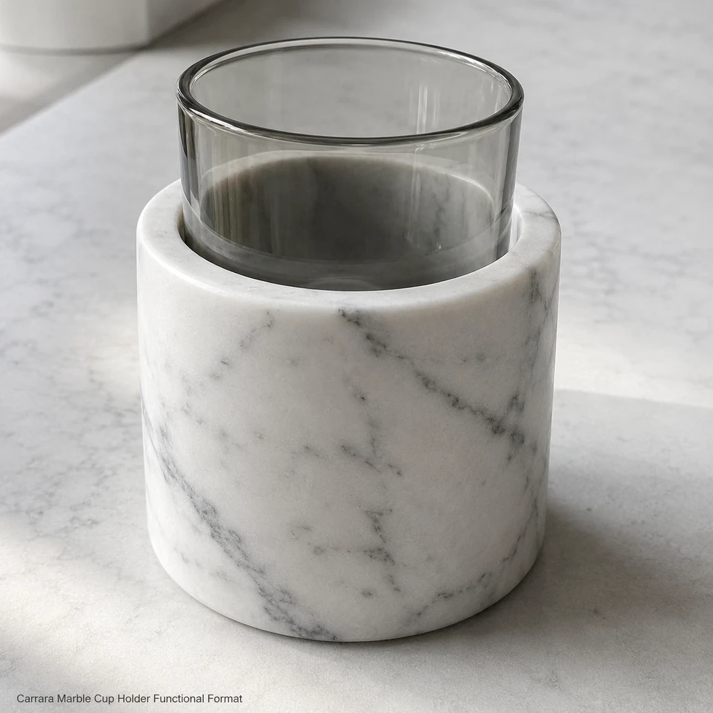 Honed-satin Carrara marble cup holder showing functional circular format and smoky grey veining