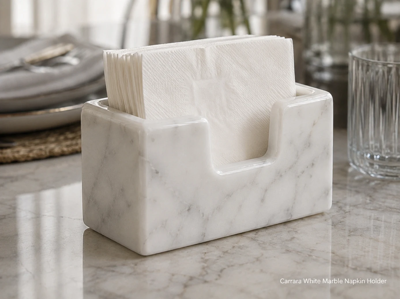 Polished Carrara marble napkin holder with folded white napkins on a refined dining table