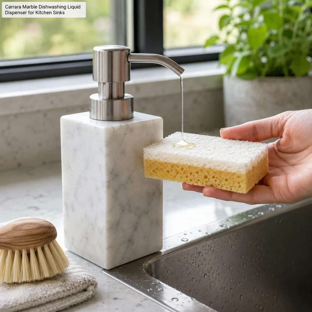 Honed Carrara marble dishwashing liquid dispenser with pump, sponge and brush beside a kitchen sink.