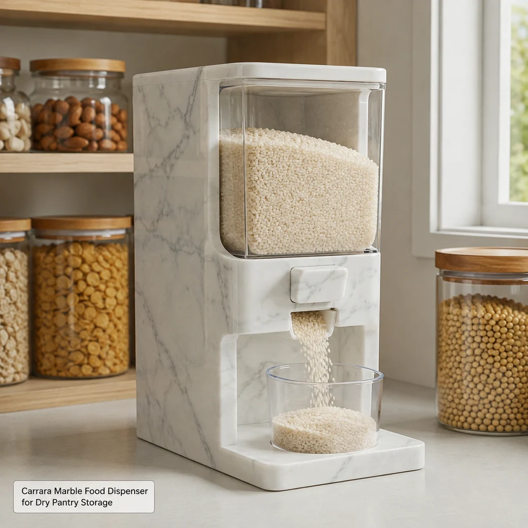Polished Carrara marble food dispenser with airtight removable chamber releasing dry pantry goods.
