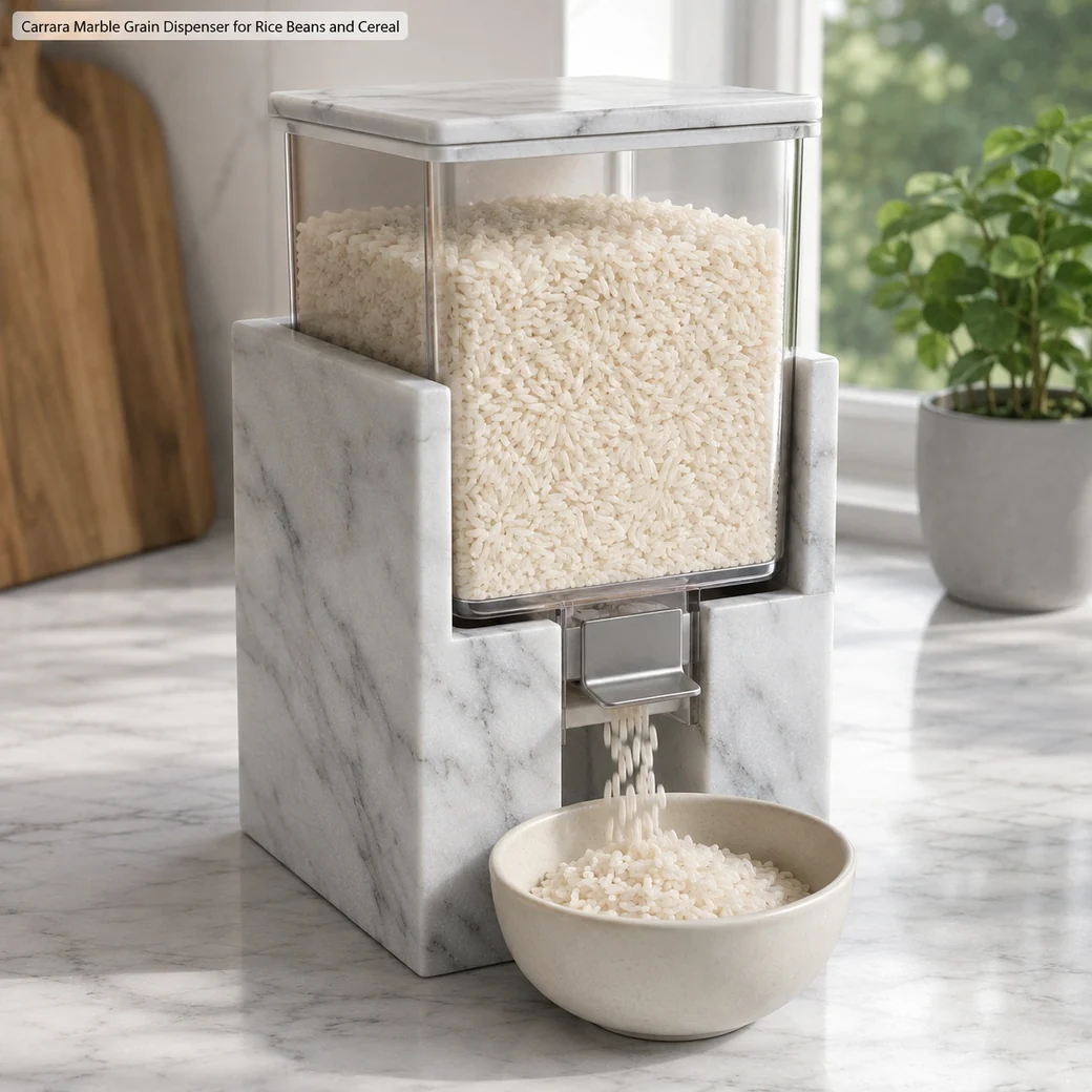 Polished Carrara marble grain dispenser with airtight food-safe hopper dispensing rice into a bowl.