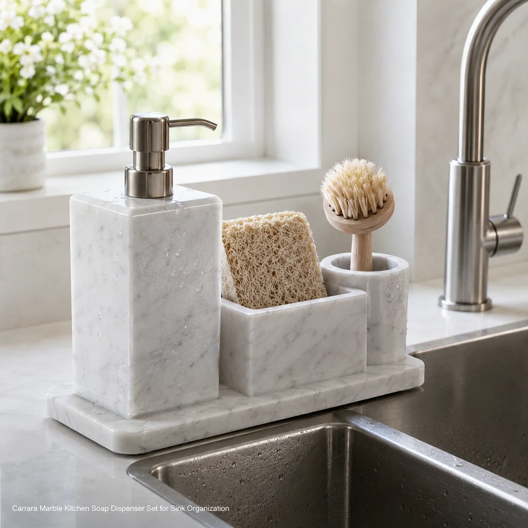 Honed Carrara marble kitchen soap dispenser set with pump, sponge holder and brush area by the sink.