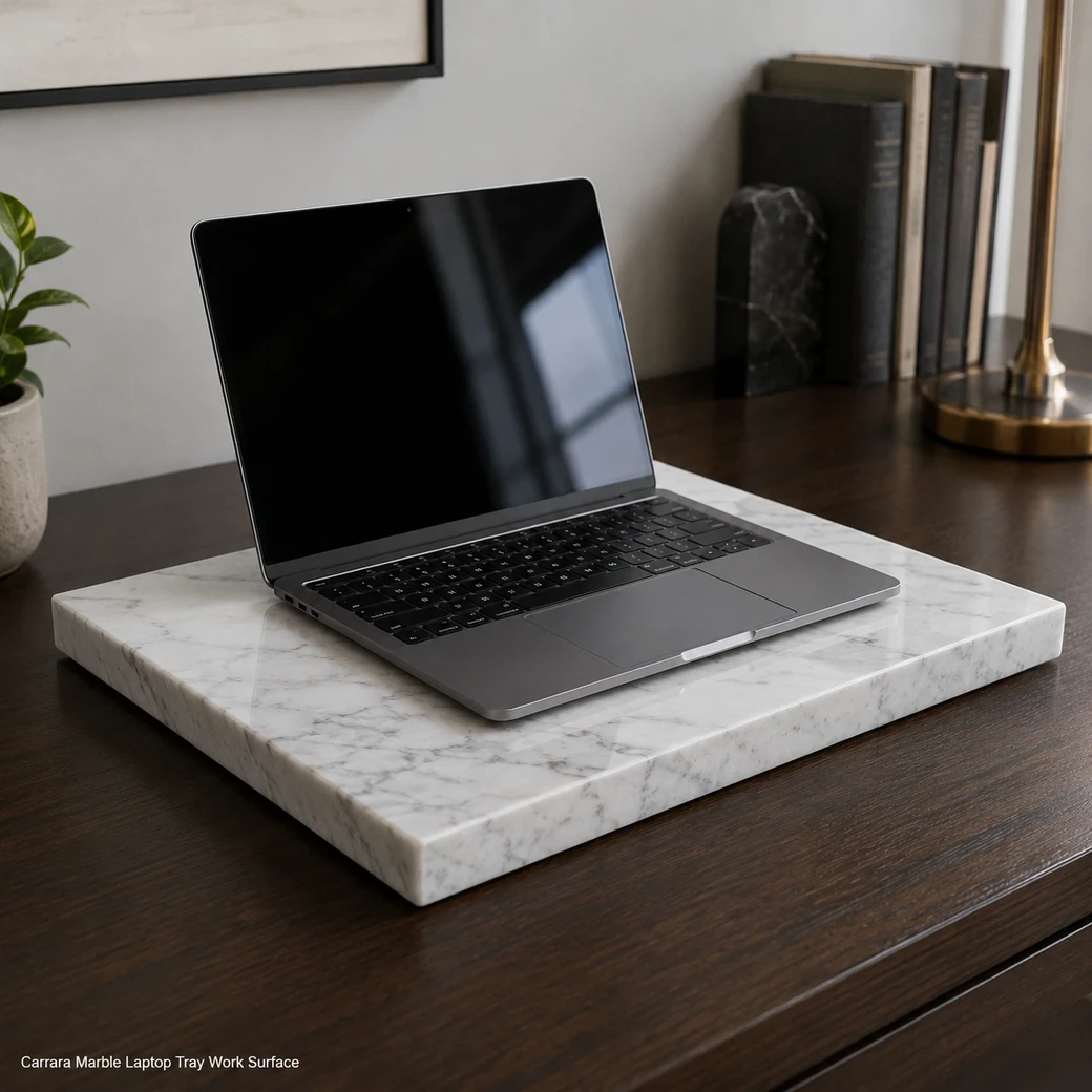 Semi-polished Carrara marble laptop tray shown as a stable white-grey stone work surface