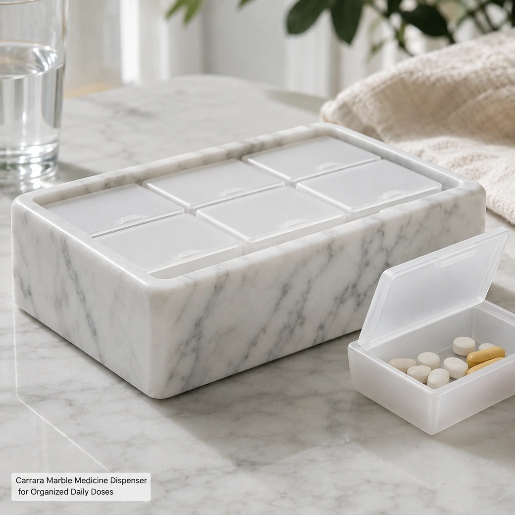Polished Carrara marble medicine dispenser with removable divided compartments for organized daily doses.