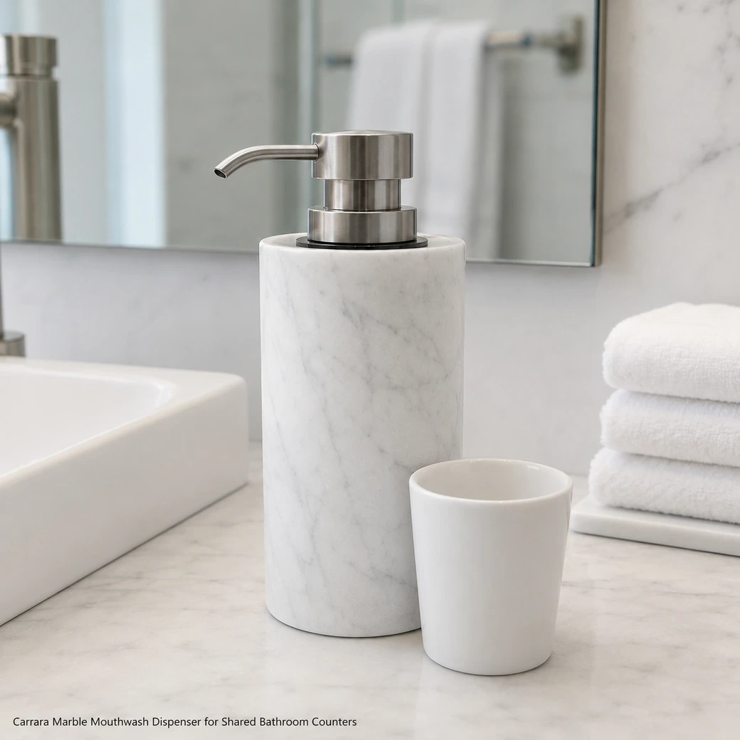 Matte honed Carrara marble mouthwash dispenser with sealed inner bottle, pump and reusable rinsing cup.