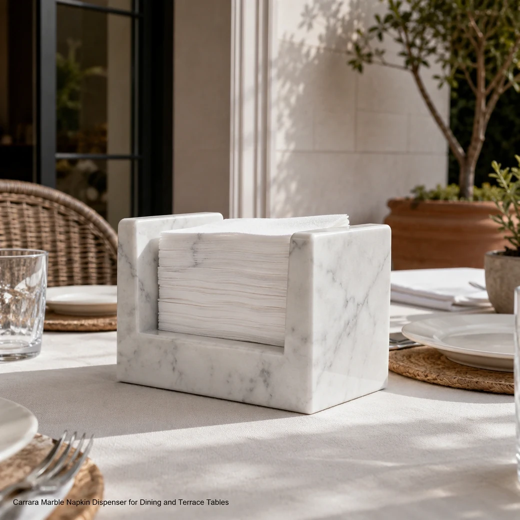 Polished Carrara marble napkin dispenser holding folded napkins securely on a dining table.