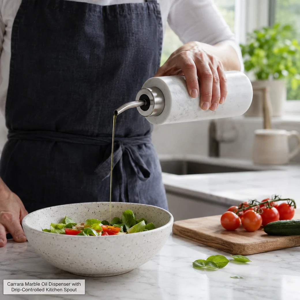 Matte honed Carrara marble oil dispenser with food-safe inner bottle and stainless drip-control spout.