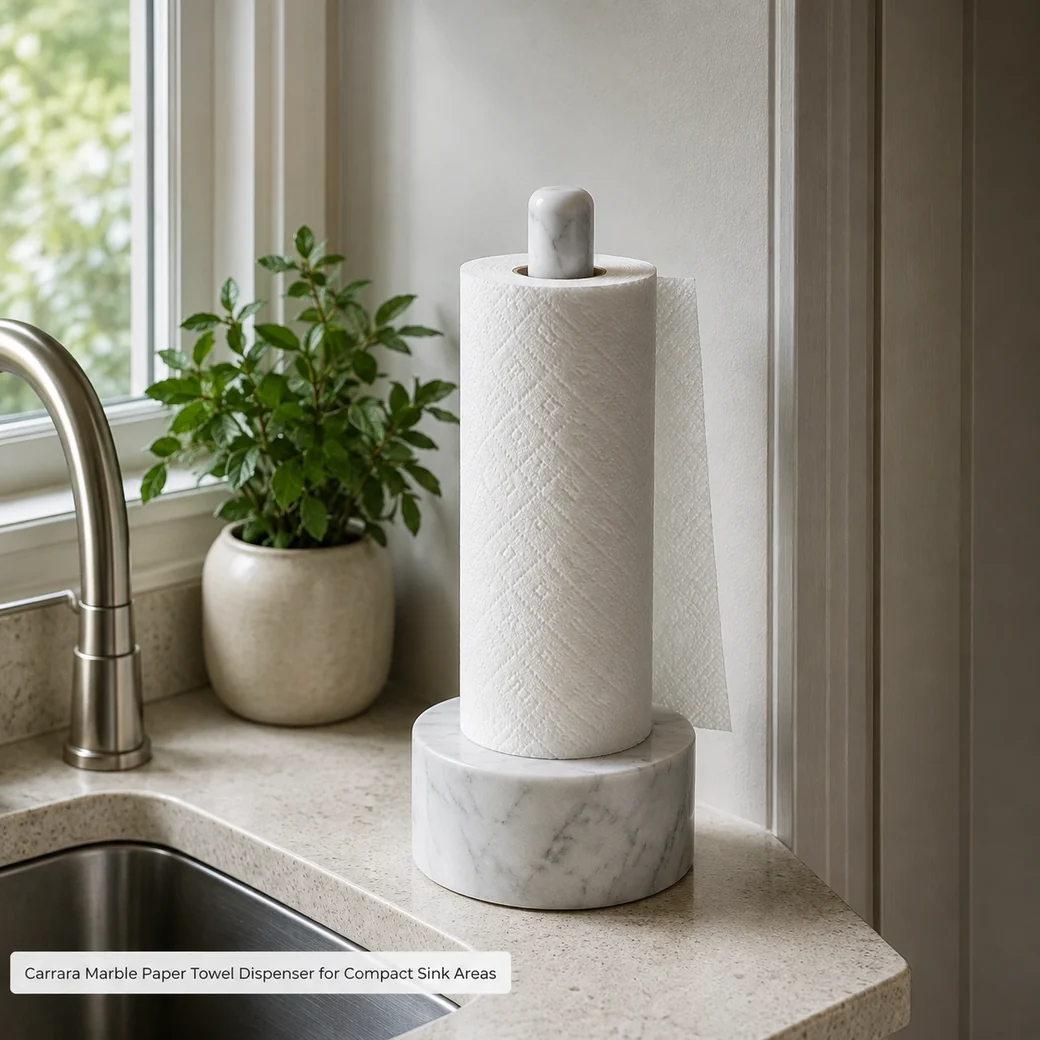 Honed Carrara marble paper towel dispenser holding a compact roll beside a kitchen sink.