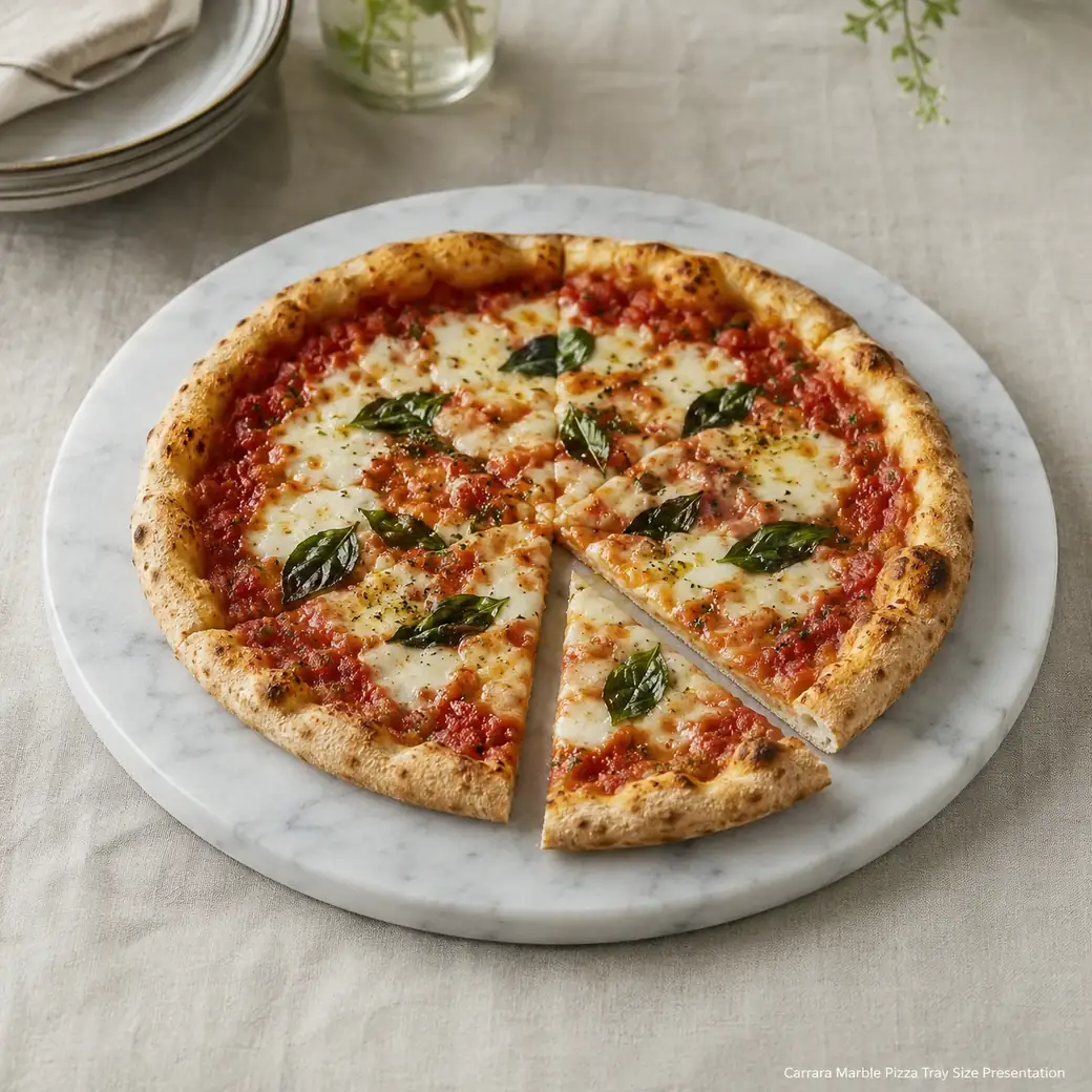 Honed Carrara marble pizza tray sized for serving with milky white stone and soft grey veining