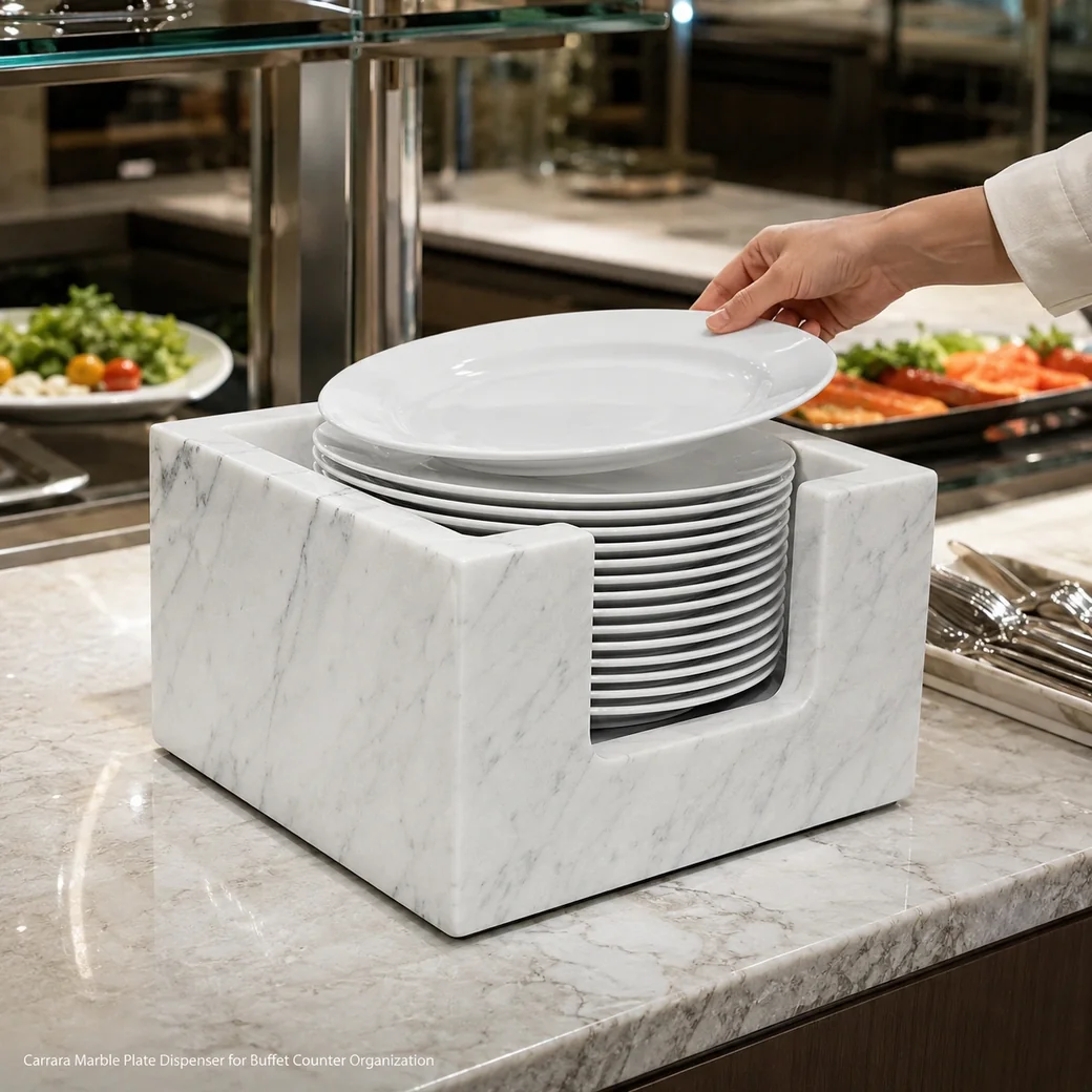 Matte honed Carrara marble plate dispenser holding a short stack of dinner plates on a buffet counter.