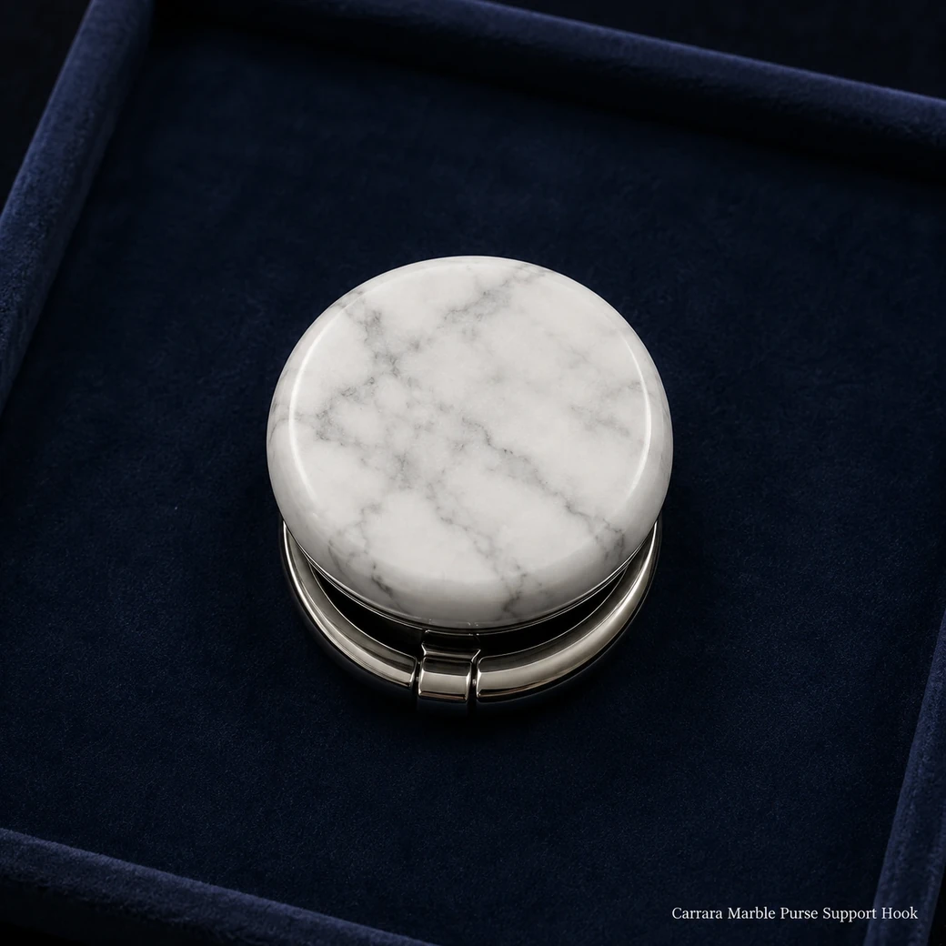 Carrara purse hook on navy velvet, top view showing polished marble body with the metal hook folded underneath.
