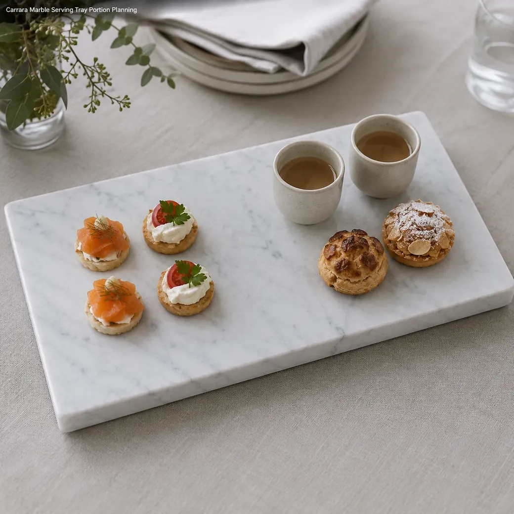 Honed Carrara marble serving tray arranged for portions with dove-white stone and grey movement
