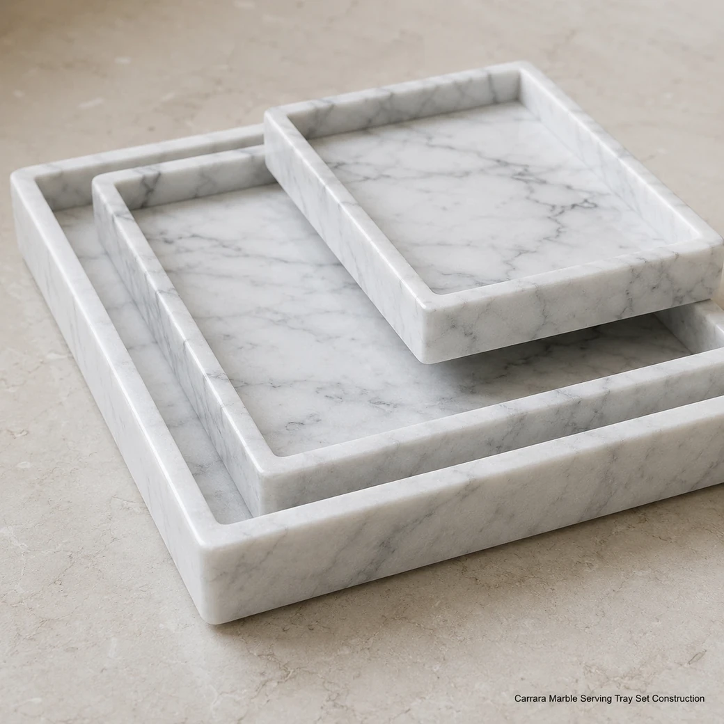 Soft-polished Carrara marble serving tray set with pearl white-grey stone and coordinated nested pieces