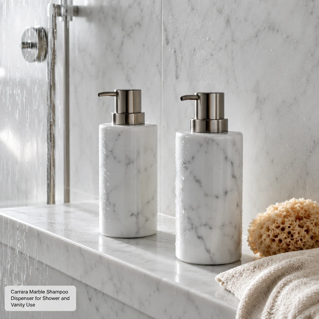 Polished Carrara marble shampoo dispenser with pump and removable bottle on a dry shower shelf.