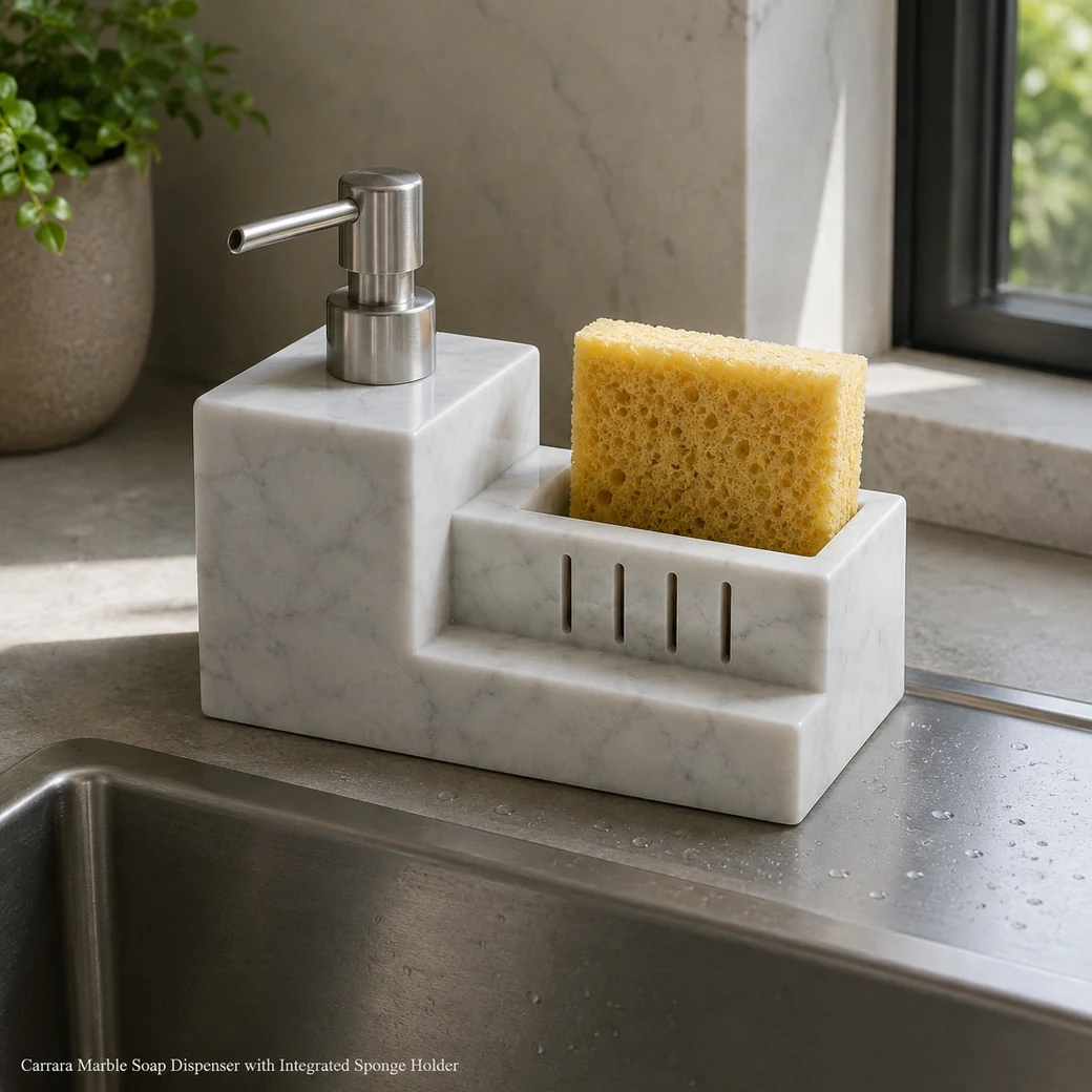 Honed Carrara marble soap dispenser with integrated ventilated sponge holder beside a kitchen sink.