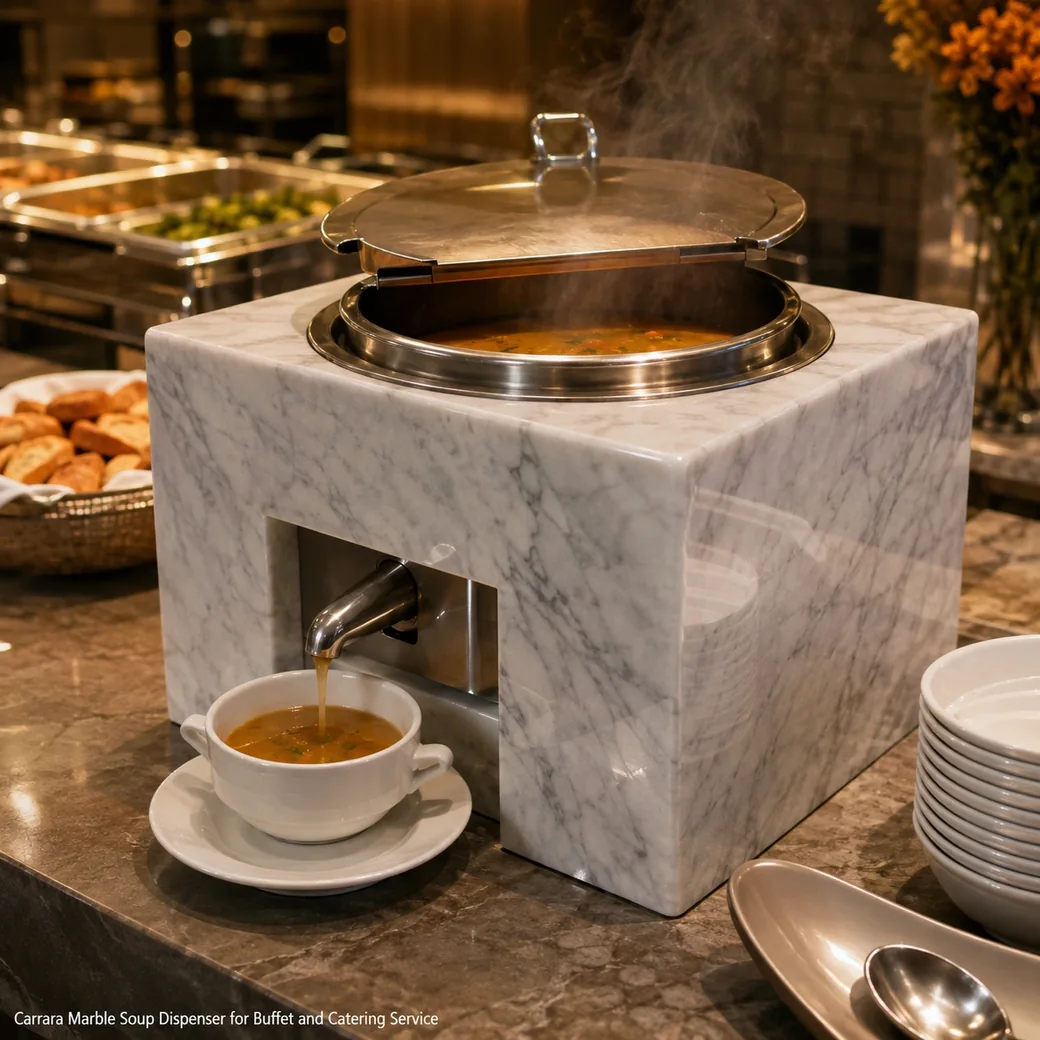 Polished Carrara marble soup dispenser surround with removable heated food-safe insert at a buffet.