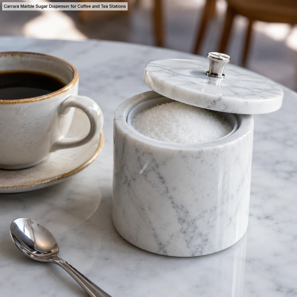 High-gloss Carrara marble sugar dispenser with food-safe liner, fitted lid and serving spoon.
