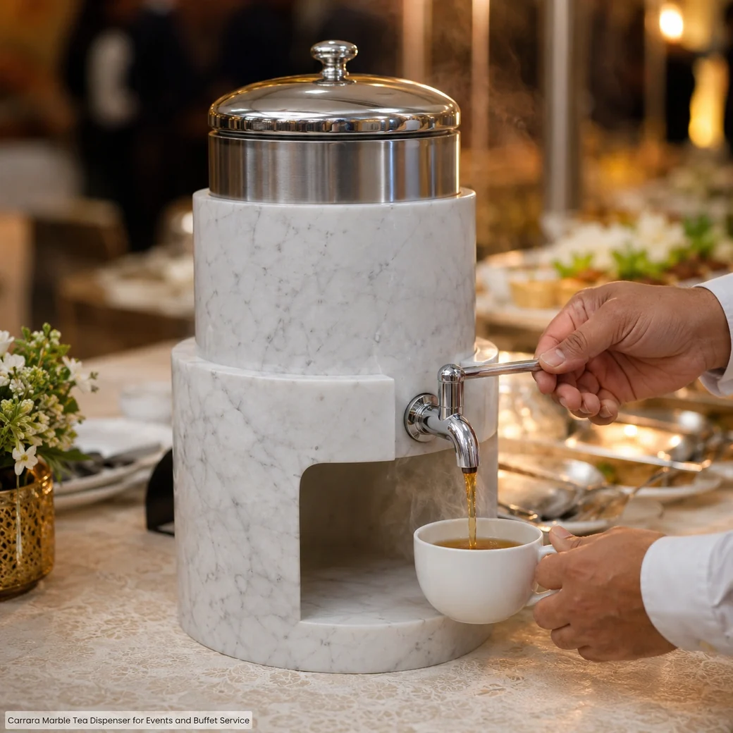 Honed Carrara marble tea dispenser stand supporting an insulated vessel with stainless serving tap.