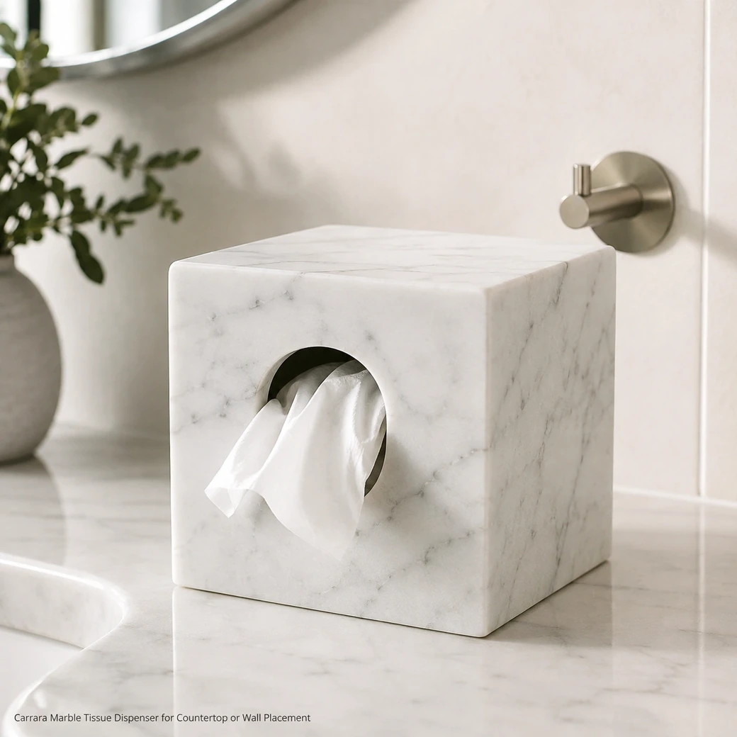 Matte honed Carrara marble tissue dispenser feeding folded tissues smoothly from a bathroom counter.