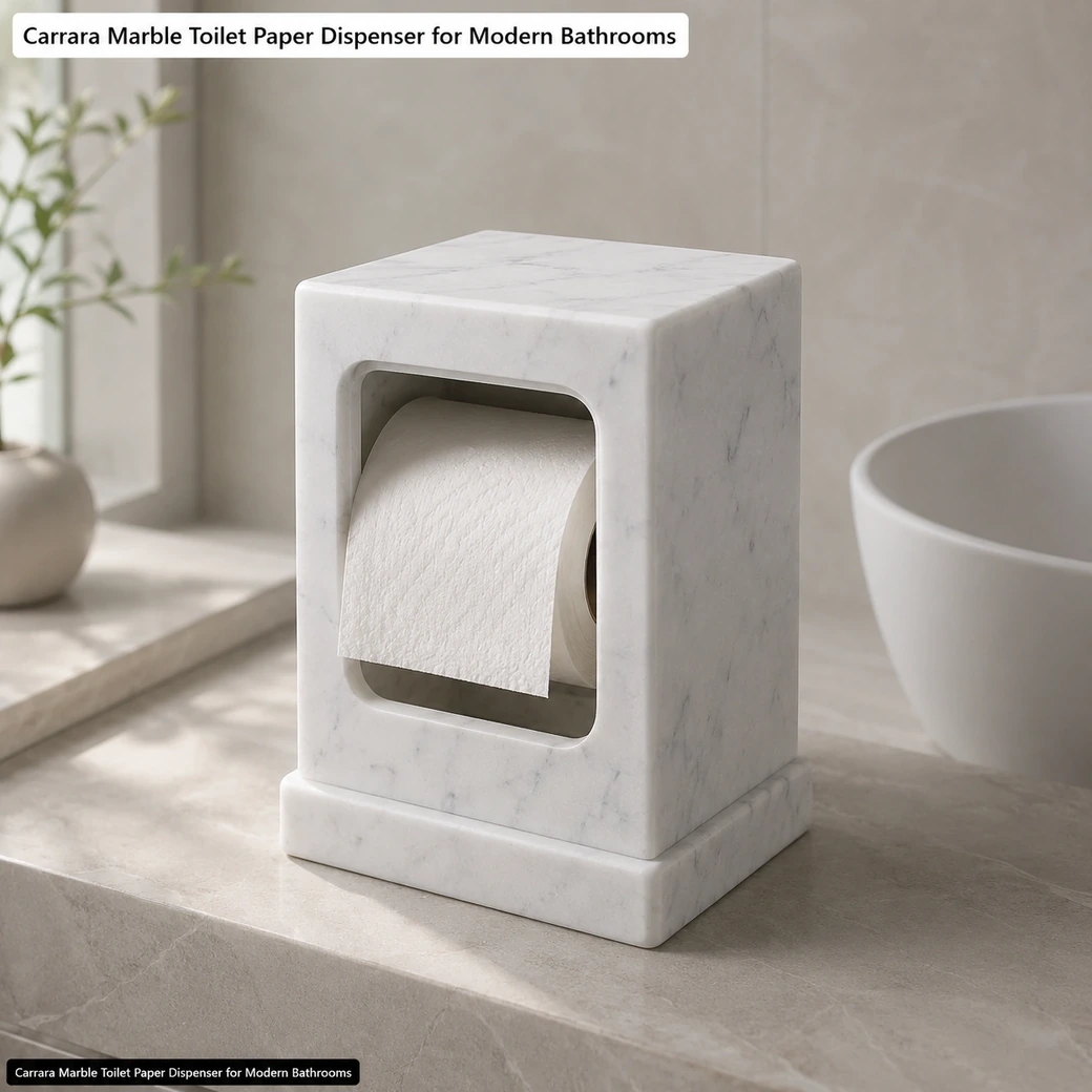 Matte honed Carrara marble toilet paper dispenser with weighted freestanding base in a modern bathroom.