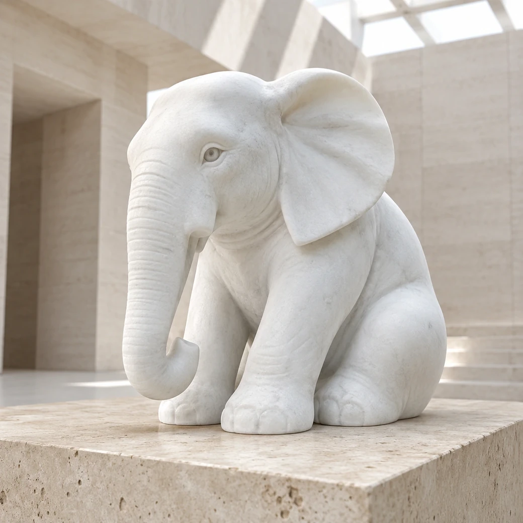 Low front-left Carrara elephant on travertine plinth, showing carved face, trunk, front legs and sanded white stone.