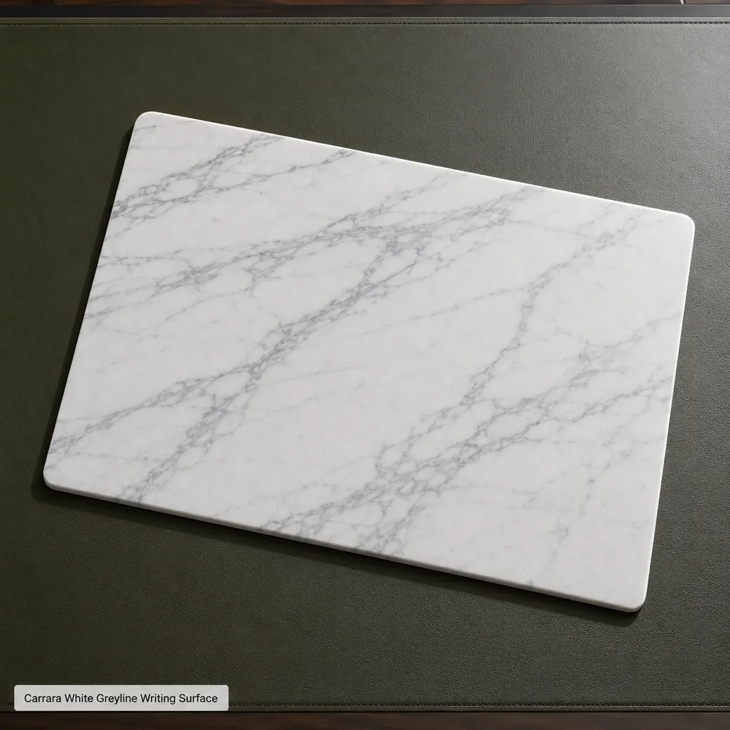 Top-down honed Carrara marble desk mat on dark olive surface with refined grey vein pattern