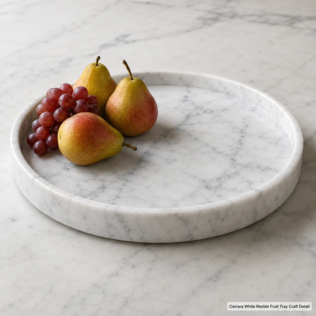 Low-gloss polished Carrara marble fruit tray with cool white stone and fine grey natural veining