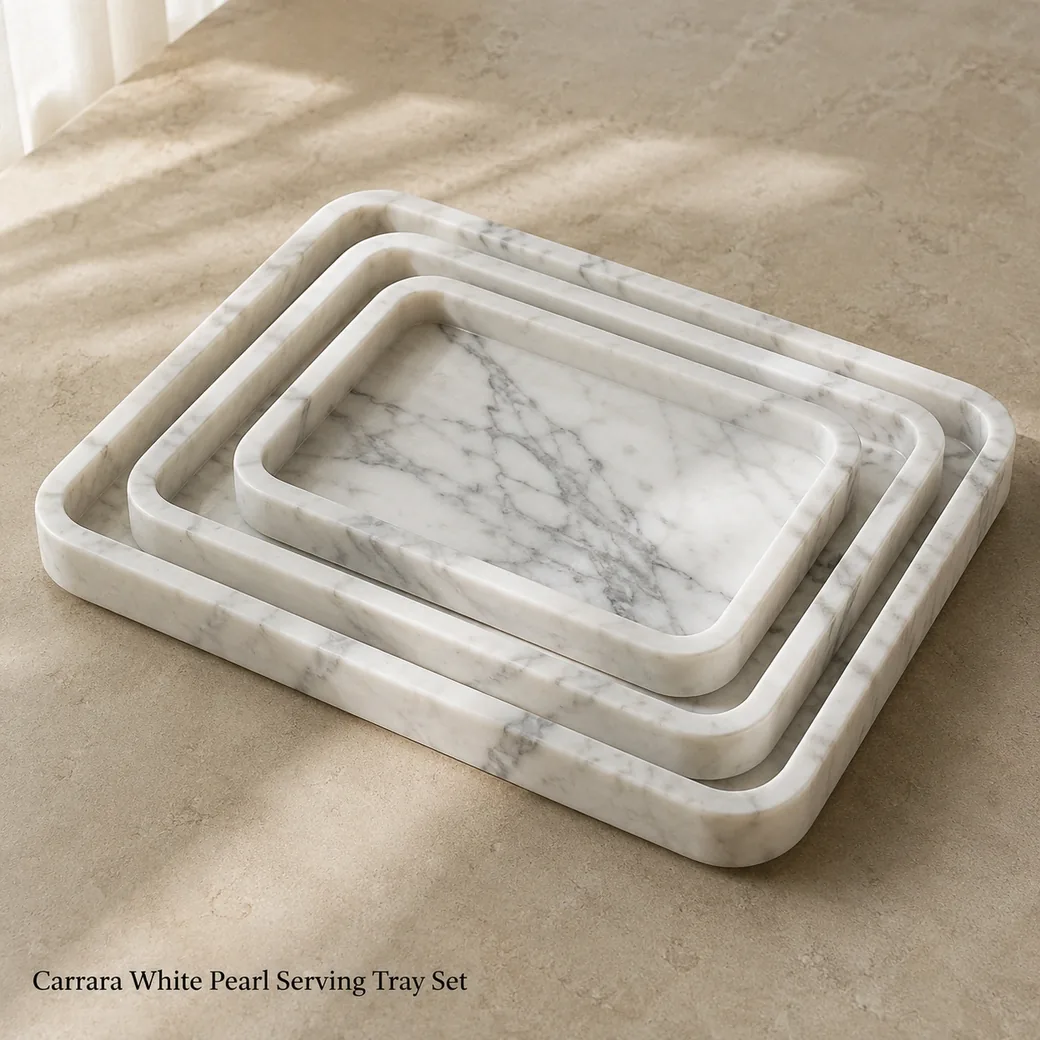 Carrara White marble serving tray set in pearl white-grey with soft polish and natural grey veining.