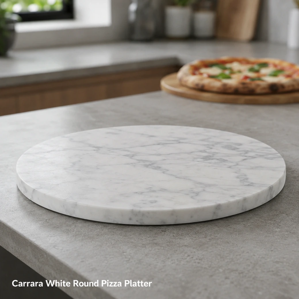 Carrara White round pizza platter in milky white marble with soft grey veins and 220-grit honed finish.