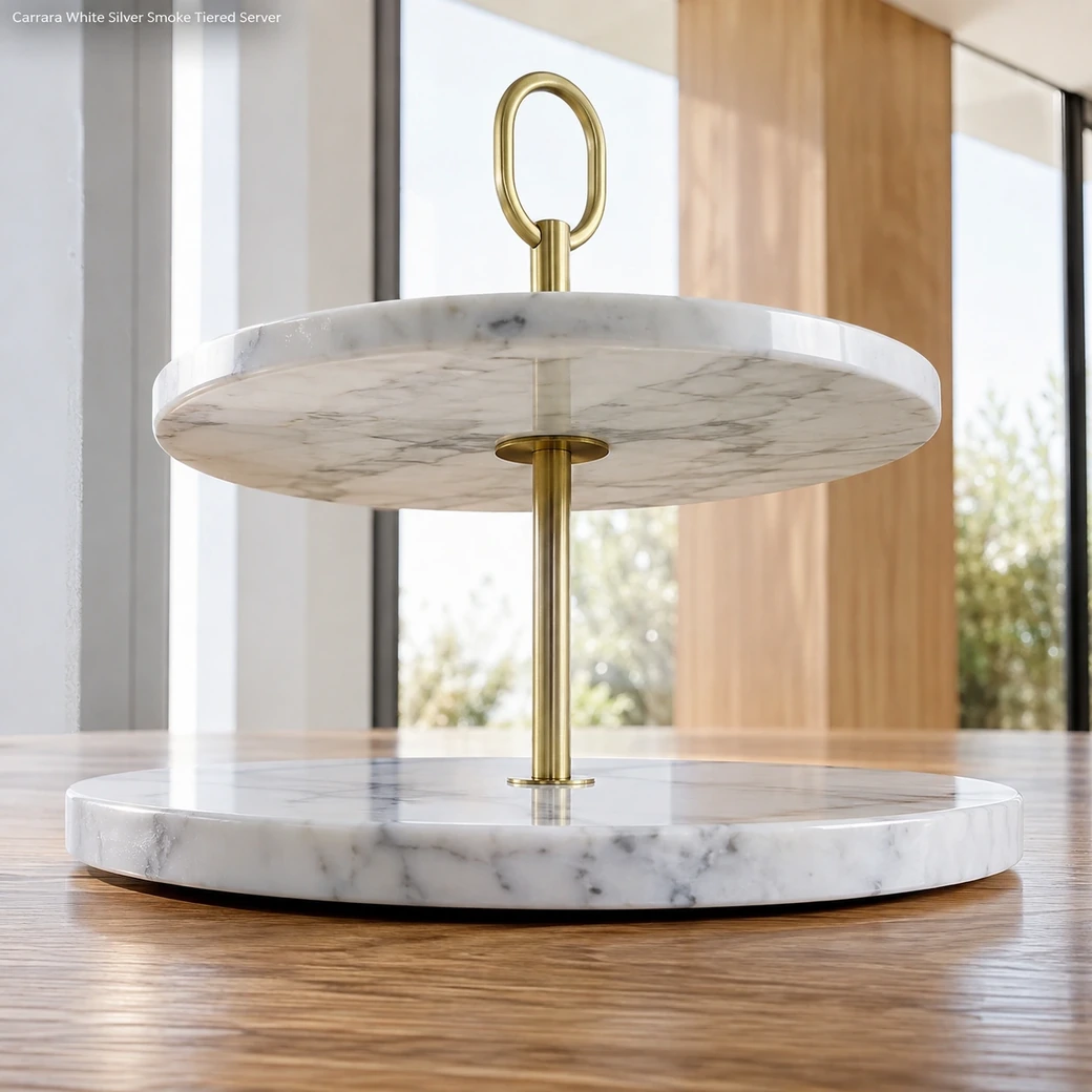 Low side view of Carrara two-tier server, exposing upper-tier underside, brass center rod and smoky grey polished edges.