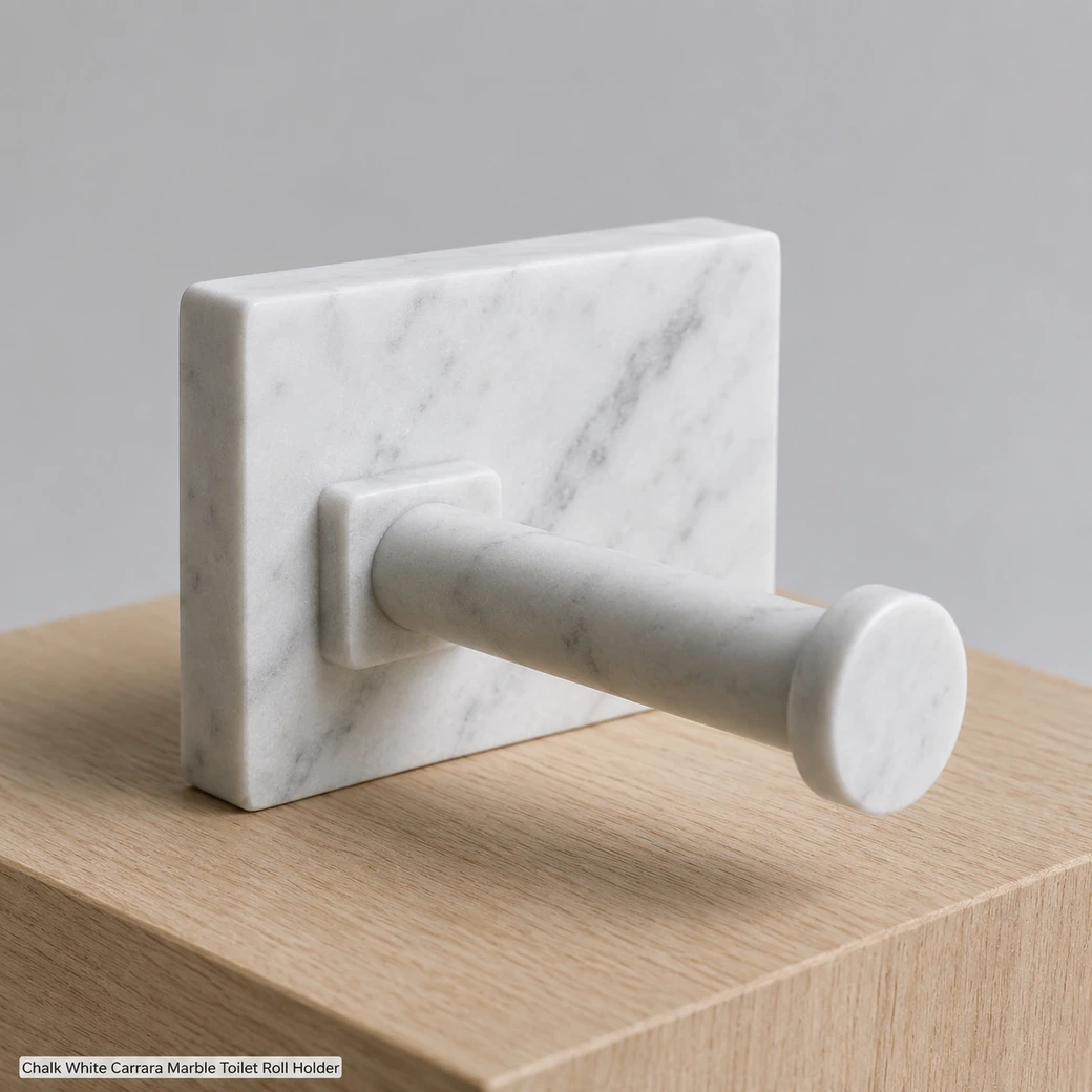 Chalk white Carrara toilet roll holder on pale oak block, rear three-quarter view showing spindle and mounting geometry.