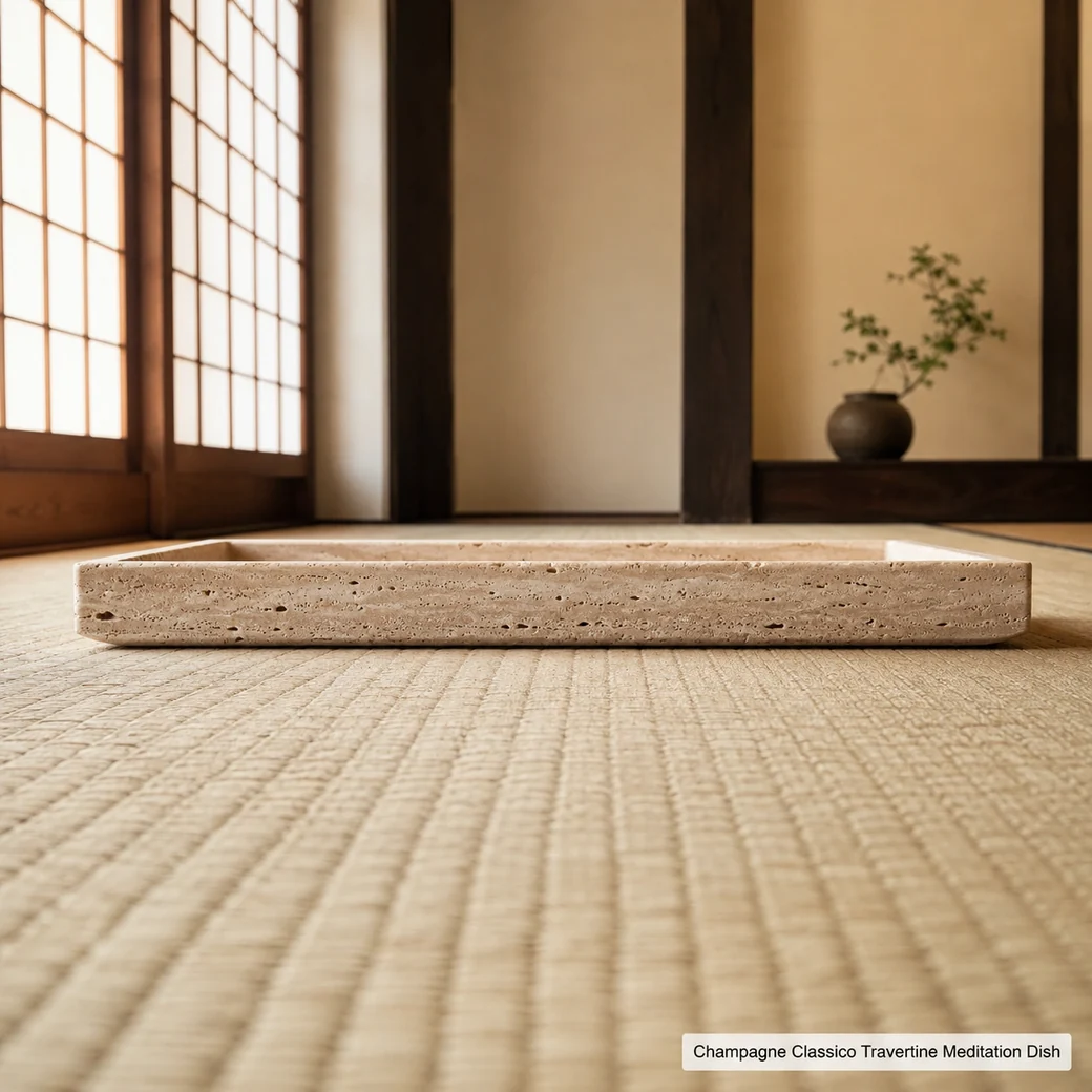 Low end-on Classico Travertine meditation tray on woven mat with champagne beige brushed stone.