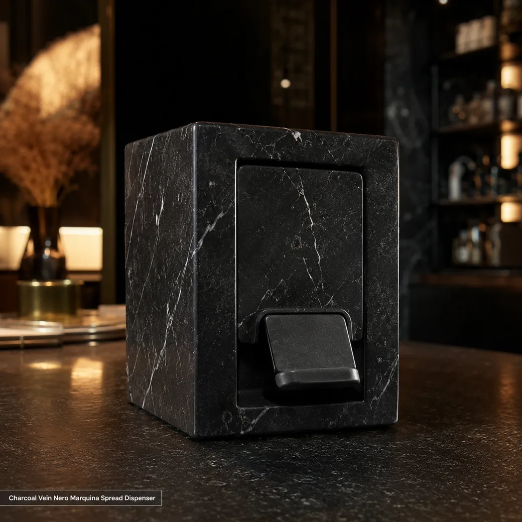 Charcoal Nero Marquina spread dispenser on a dark counter, low side view with white veins and front lever