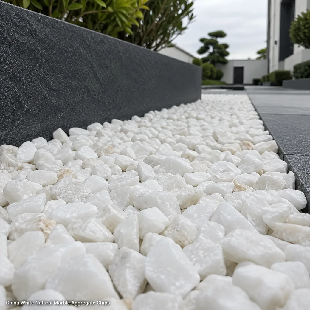 China White marble chips forming a bright landscape border around a dark planter in a modern courtyard.