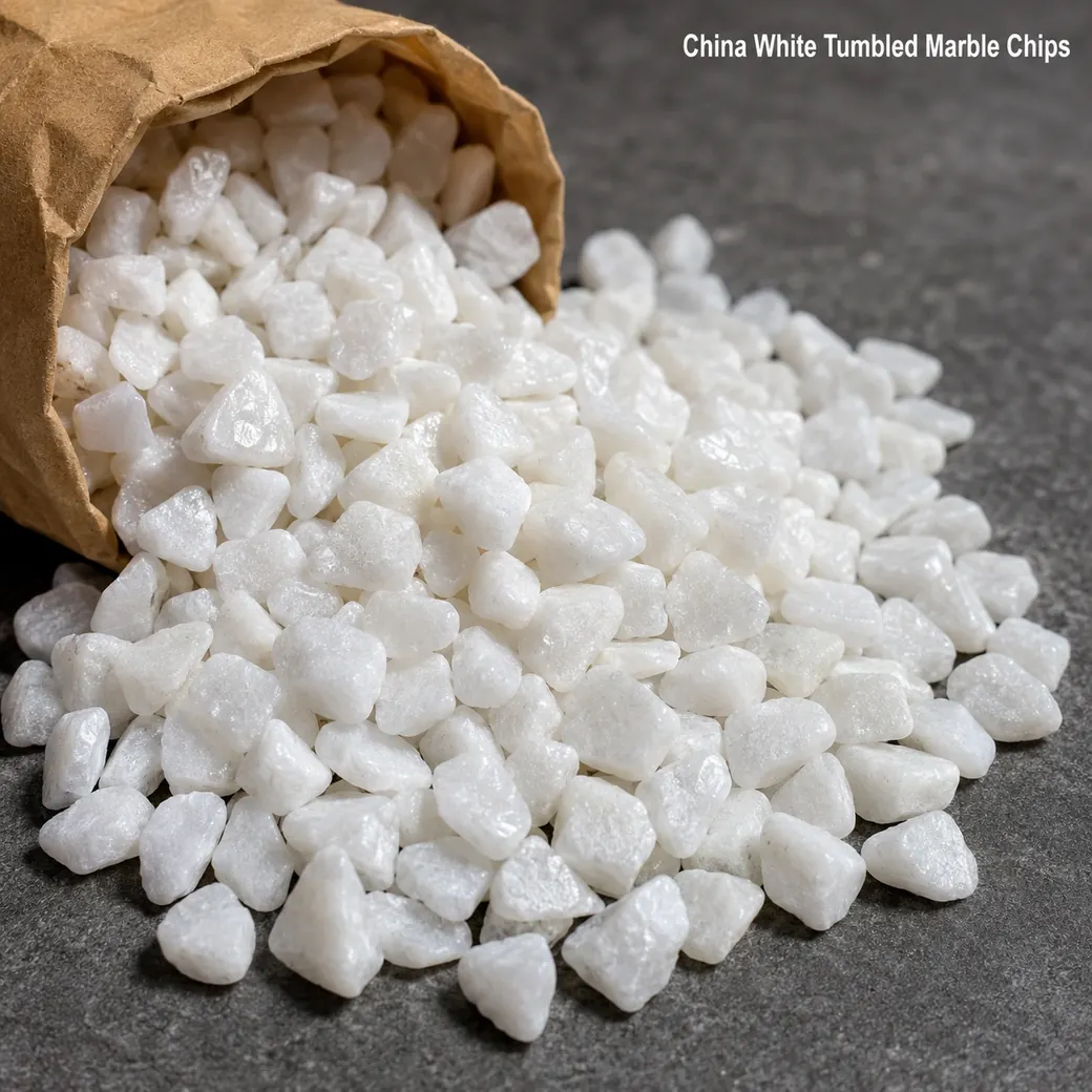 China White tumbled marble chips in bright natural white, shown as irregular 10–15 mm stone pieces.