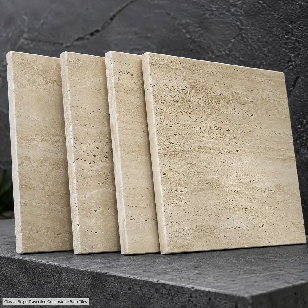 Four creamy travertine tiles fanned upright on charcoal shelf, showing honed faces, edge thickness and tonal variation.