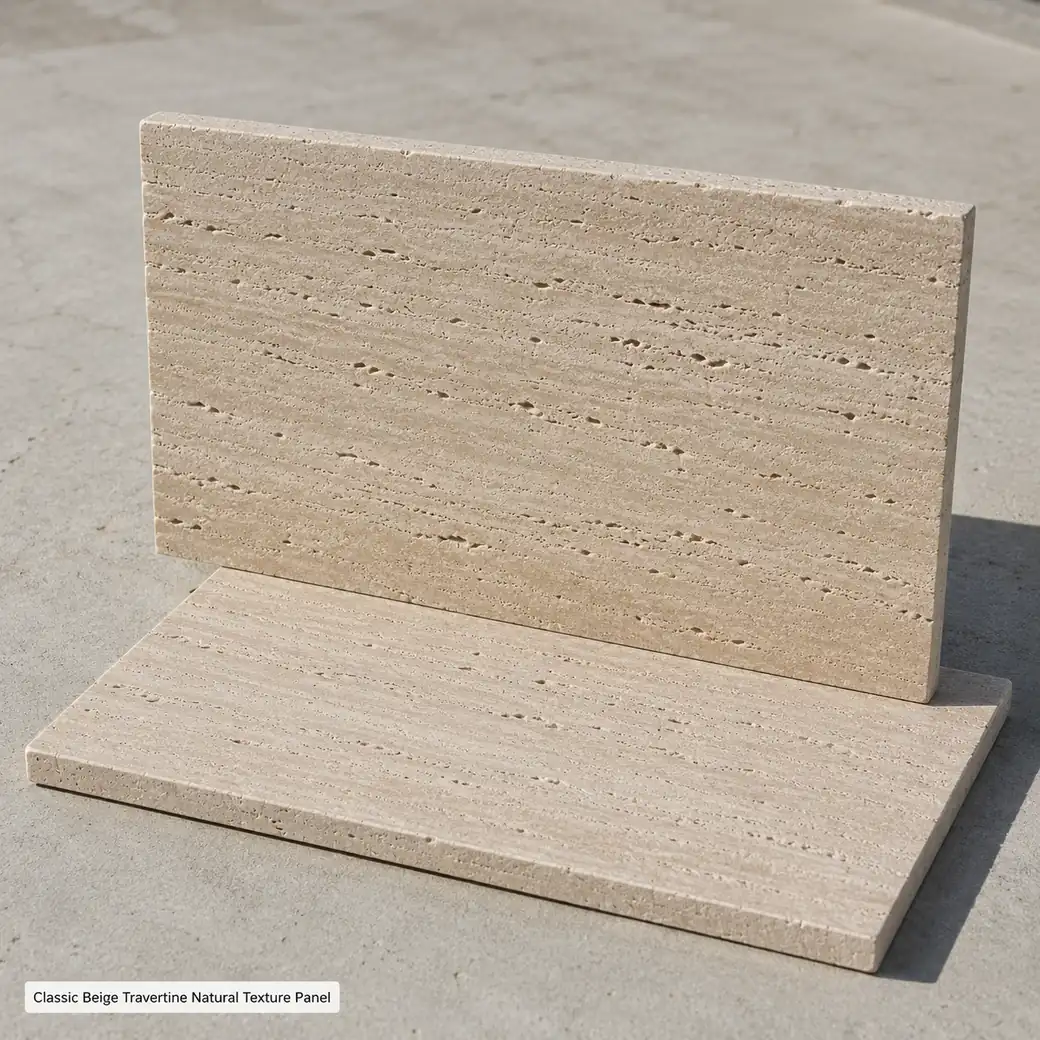 Upright pale travertine panel with flat sample behind, exposing brushed pores, horizontal grain and 2 cm thickness.