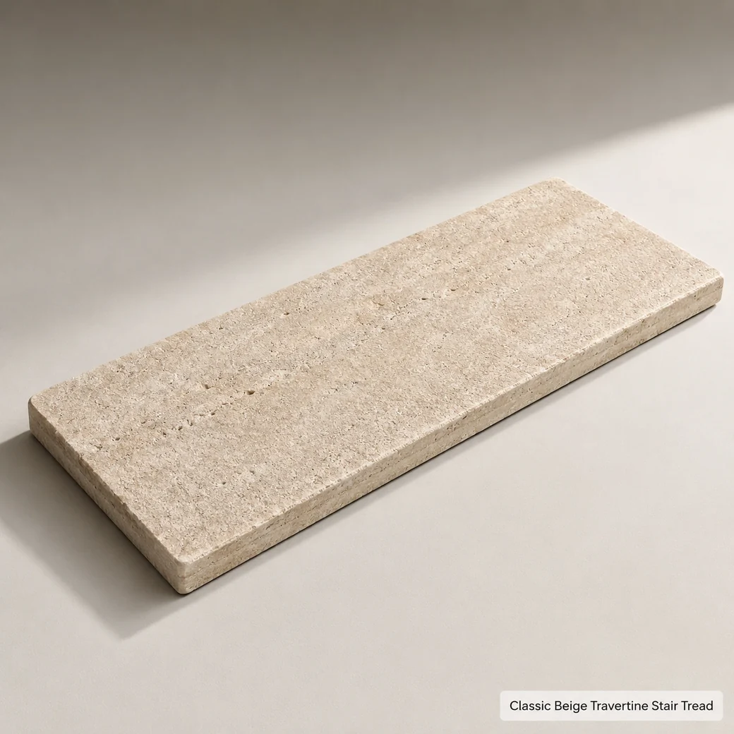 Classic beige travertine stair tread with textured bush-hammered finish