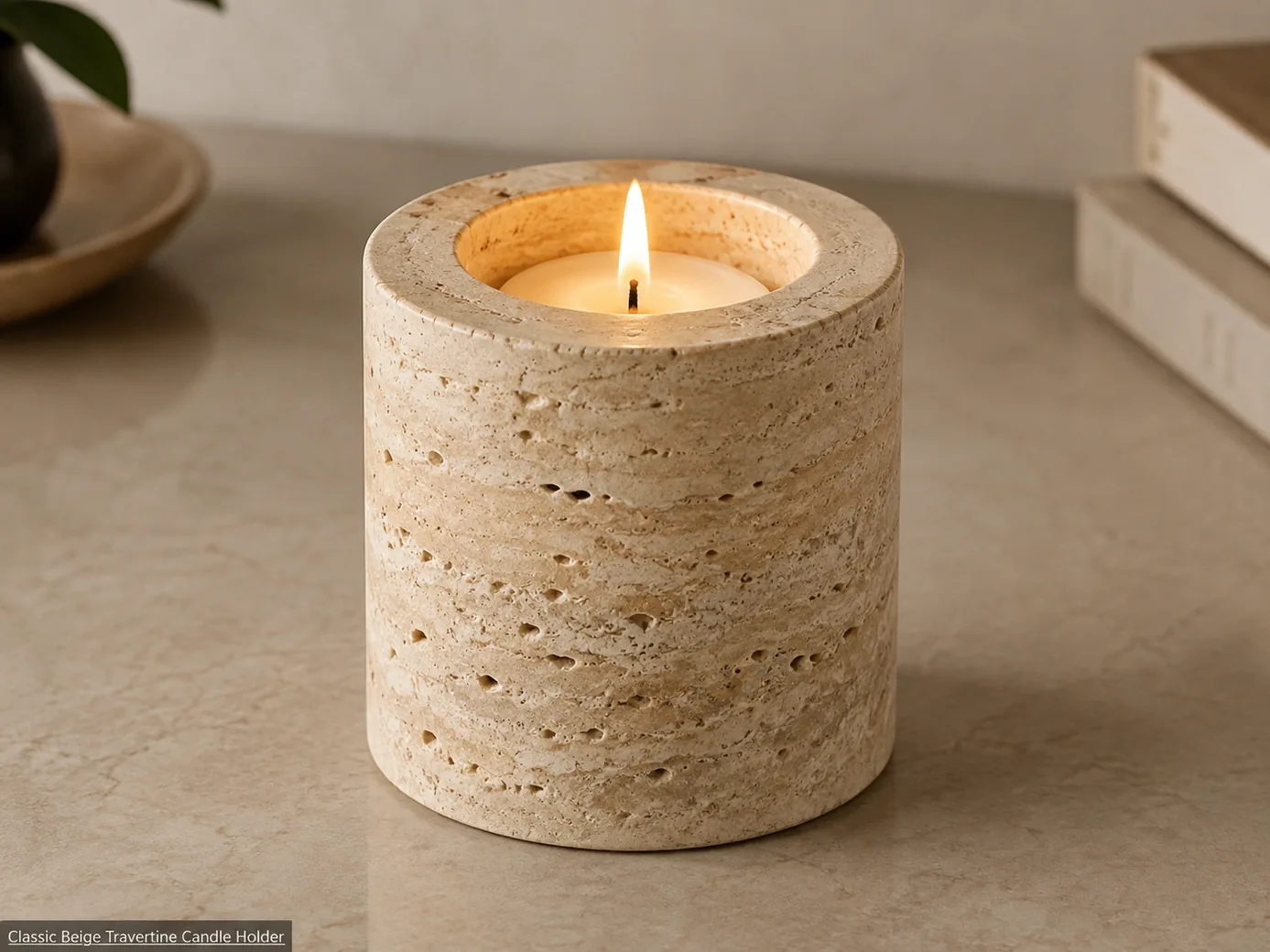 Brushed beige travertine candle holder with a lit candle, open pores and warm localized light