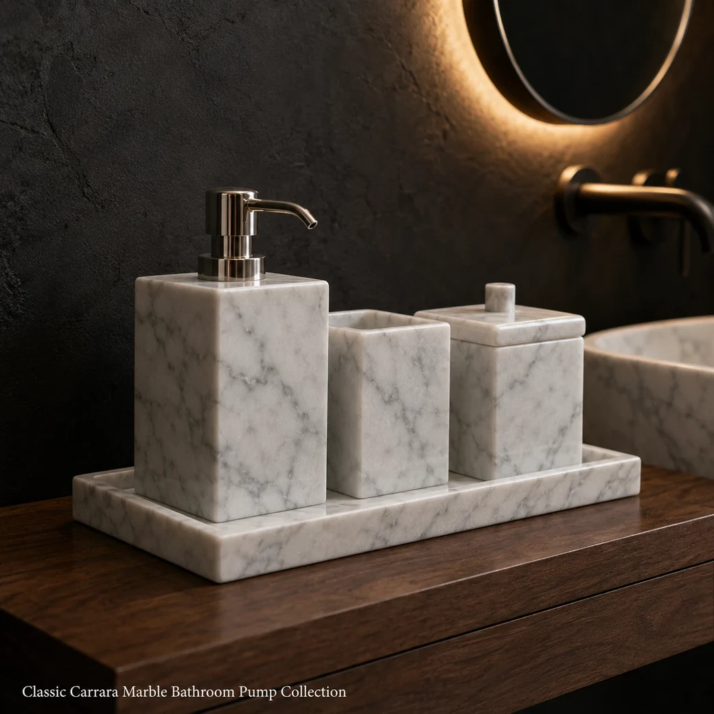 Classic Carrara bathroom set on a walnut vanity, low rear view of pump, tumbler, jar and matching tray