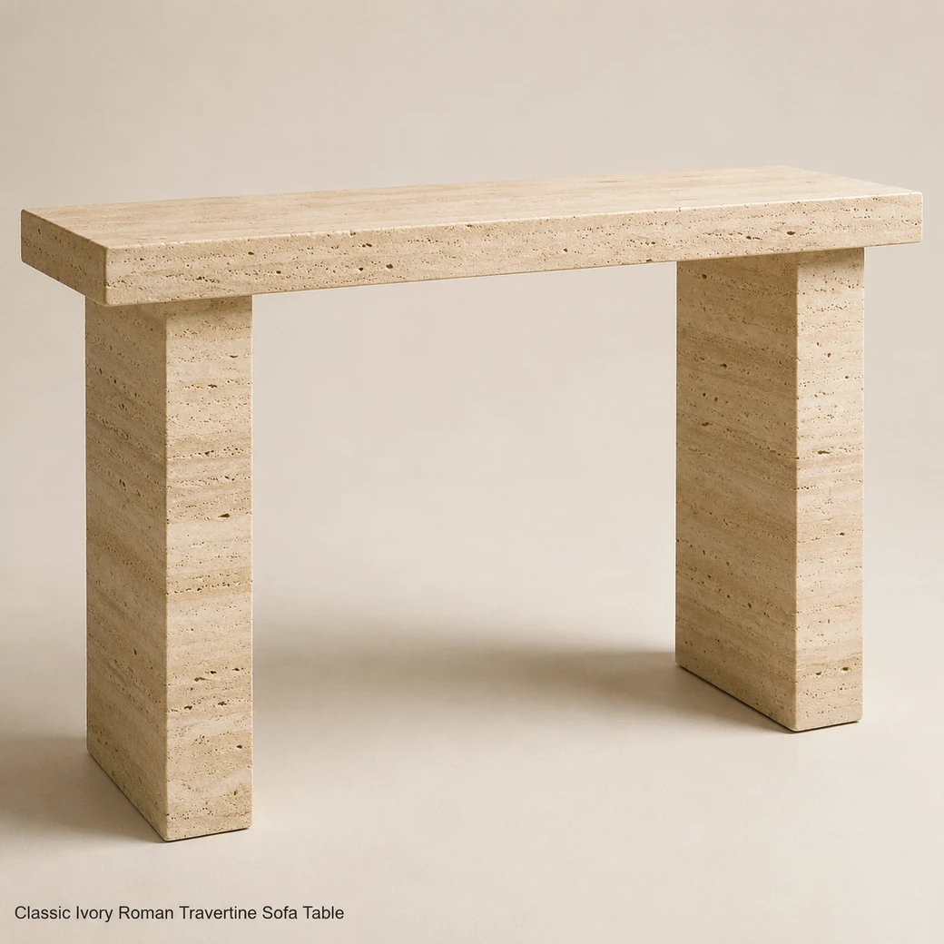 Classic ivory beige Roman travertine sofa table with brushed finish