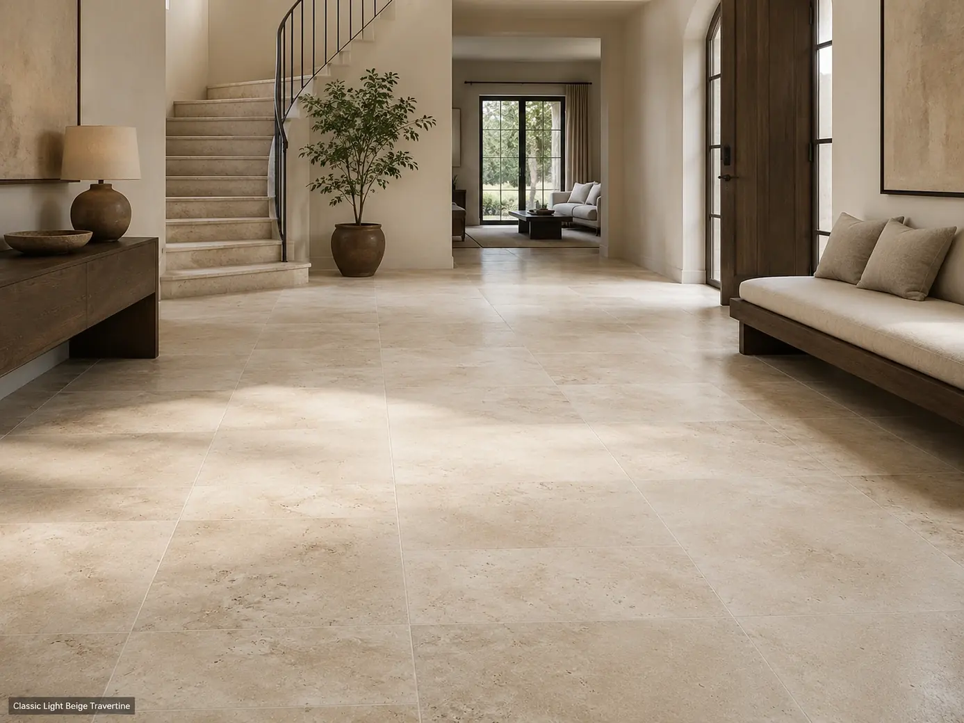Honed classic light travertine flooring with even joints and soft creamy-sand variation across a bright foyer.