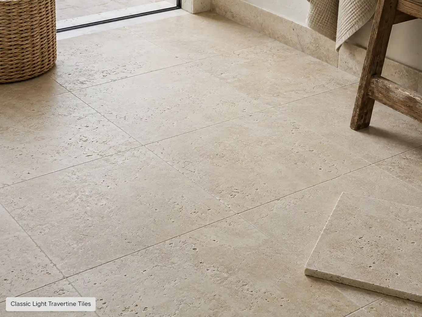 Honed classic light travertine tiles installed with even joints and natural ivory-beige tonal variation.
