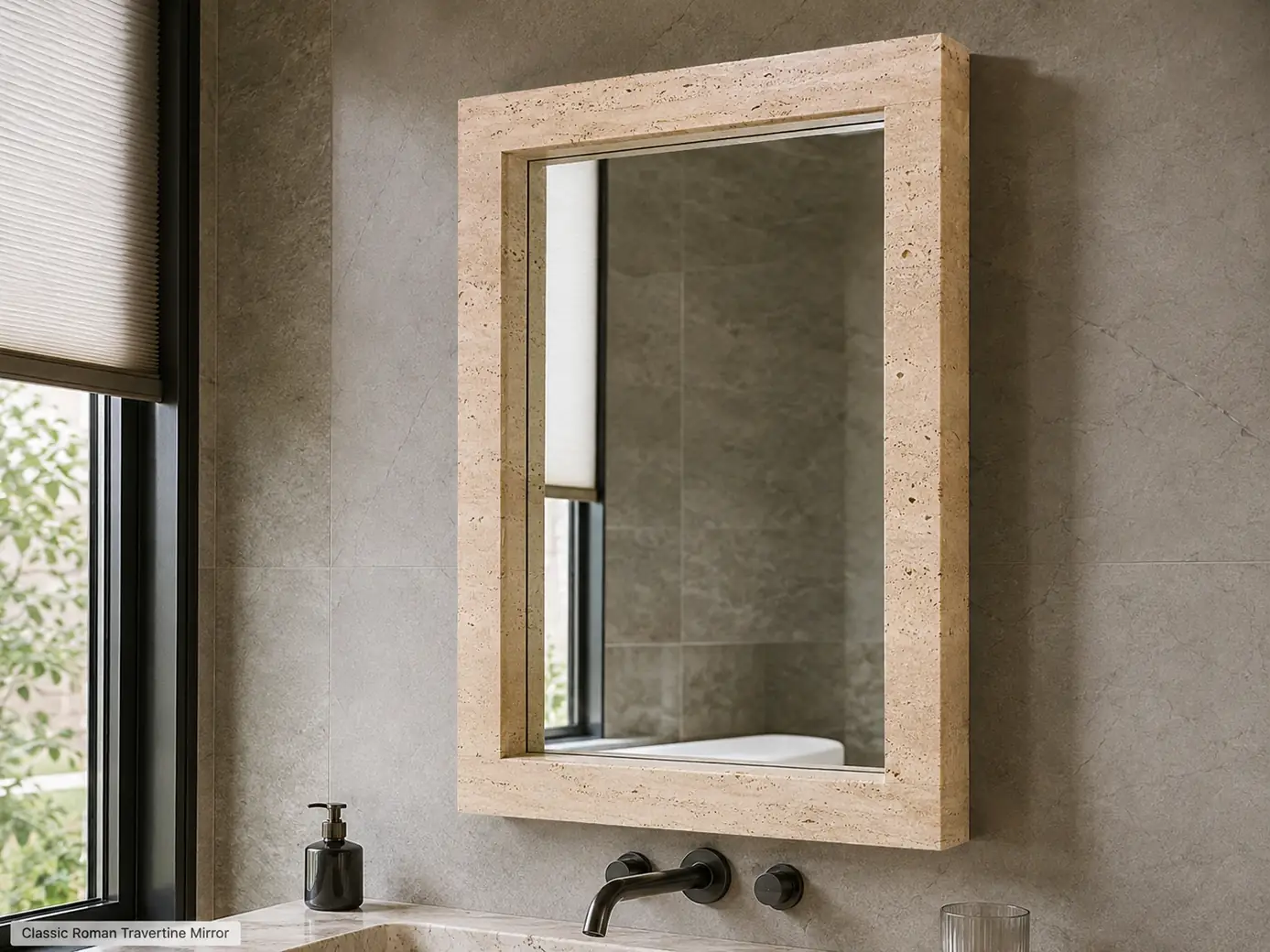 Brushed Roman travertine framed mirror mounted on a bathroom wall with natural pores and mocha-cream banding