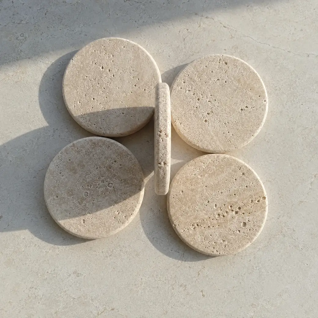 Five almond travertine coasters in a radial fan, with one upright piece revealing tumbled texture and 1 cm edge.